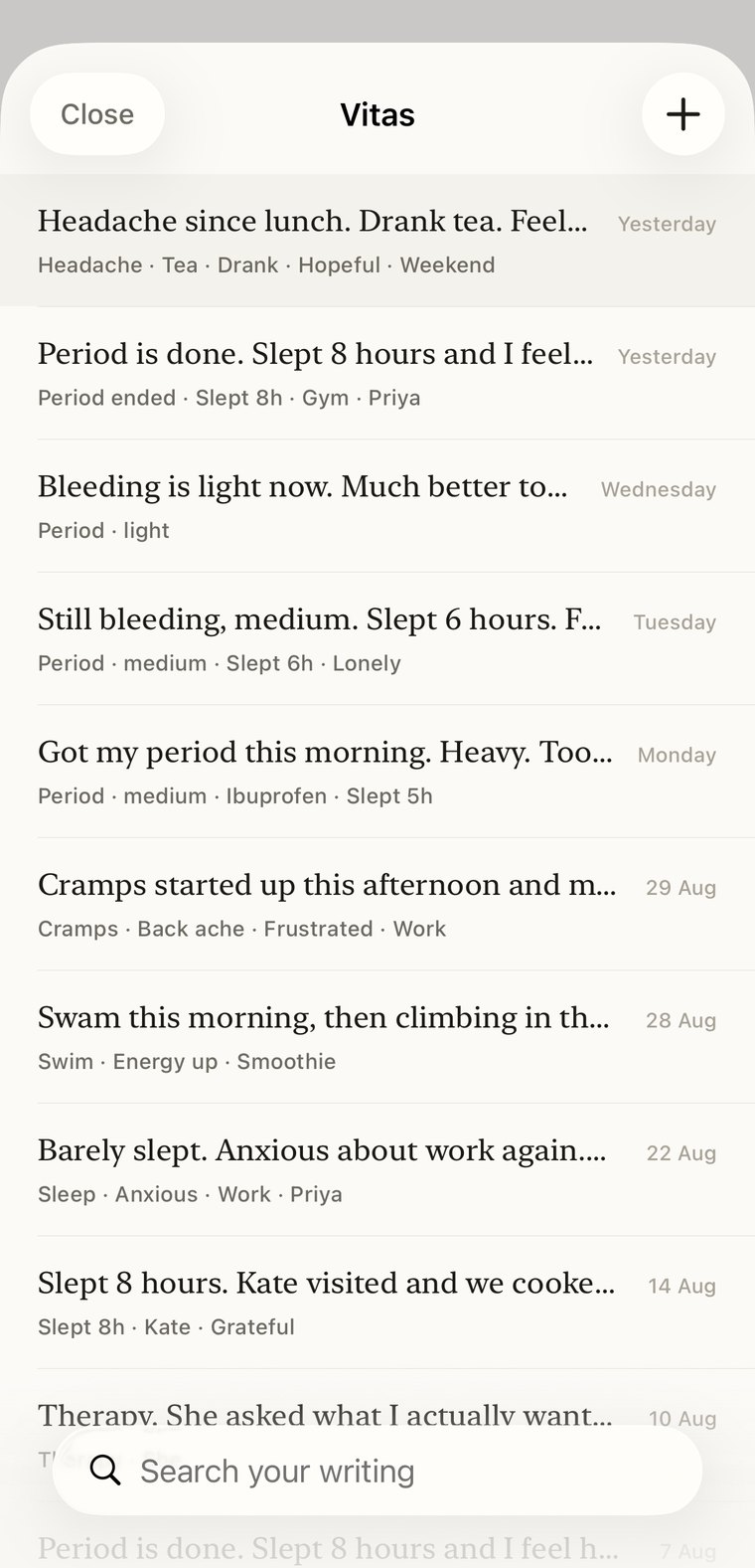 A list of past entries, each showing what Narvita understood from it.