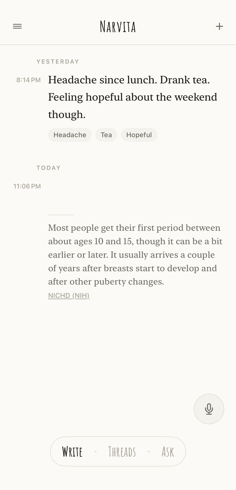 The Narvita writing page: an entry about a headache, with what was understood shown beneath it.